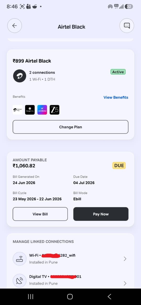 Airtel Black bill showing amount payable Rs 1060.82 due, bill cycle 23 May to 22 June 2026