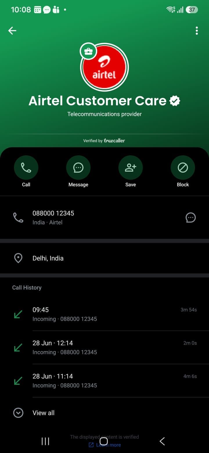 Truecaller call log showing an incoming 3 minute 54 second call from Airtel Customer Care at 09:45 on 8 July