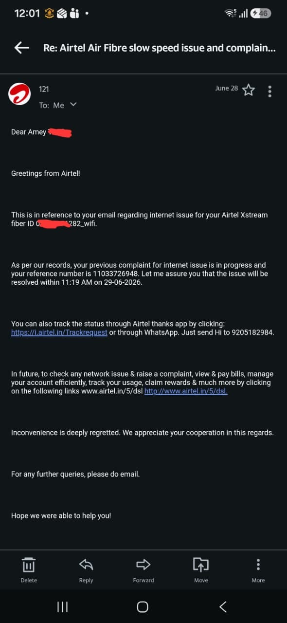Airtel email committing in writing that the issue will be resolved within 11:19 AM on 29-06-2026