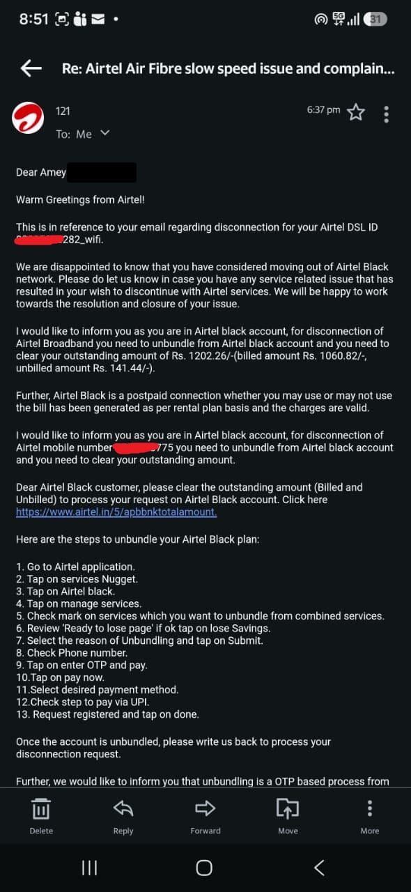 Airtel email stating that to disconnect you must clear an outstanding amount of Rs 1202.26 and complete a 13-step unbundling process