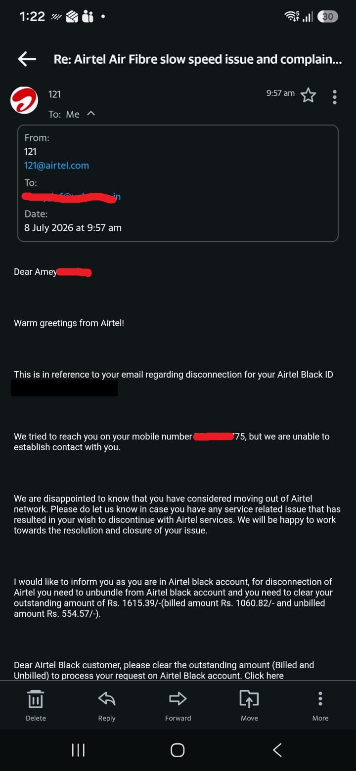 Airtel email on 8 July claiming they were unable to establish contact, and demanding Rs 1615.39 to disconnect